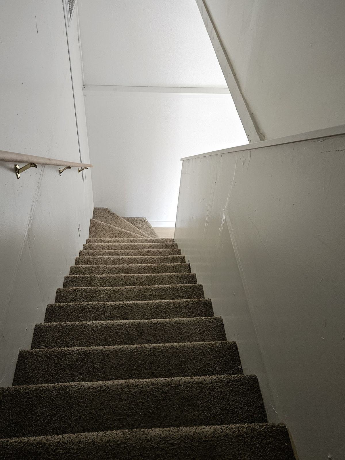 Carpeted stairway to the upstairs storage